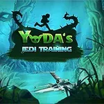 Silhuet af en person, der løber på en gren over en skovsø med et rumskib, og teksten Yodas Jedi Training i forgrunden
