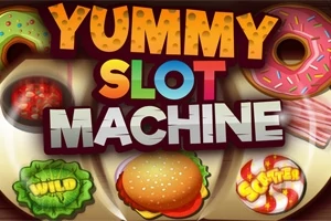Titeltekst Yummy Slot Machine med farverige billeder af donuts, en burger og andre madikoner