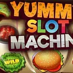 Titeltekst Yummy Slot Machine med farverige billeder af donuts, en burger og andre madikoner