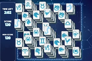Stable med fliser med astrologiske symboler arrangeret på en blå baggrund, med en tidsangivelse til venstre