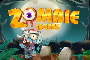 En tegneserie-zombie foran en stor fuldmåne, omgivet af grave og træer, med teksten Zombie Gems i lyse farver øverst