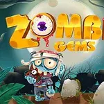 En tegneserie-zombie foran en stor fuldmåne, omgivet af grave og træer, med teksten Zombie Gems i lyse farver øverst