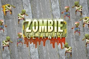 Tekstlogo med ordlyden ZOMBIE GETAWAY på en baggrund fyldt med tegneserieagtige zombier