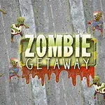 Tekstlogo med ordlyden ZOMBIE GETAWAY på en baggrund fyldt med tegneserieagtige zombier