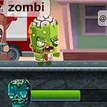En grøn zombiefigur med synlig hjerne går på en gade ved siden af karikaturagtige figurer, med en sundhedsbar nedenunder