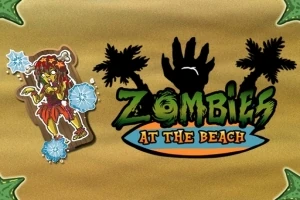Tegning af en zombie i hawaiiansk skørt med snefnug, med sorte palmer og teksten Zombies at the Beach mod en brun baggrund
