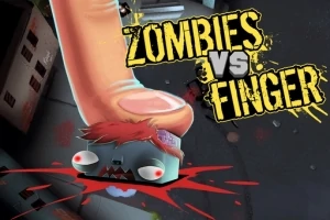 En kæmpe finger træder på et zombie-hoved med blodstænk i en tegneseriestil, med teksten Zombies vs Finger i baggrunden