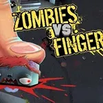 En kæmpe finger træder på et zombie-hoved med blodstænk i en tegneseriestil, med teksten Zombies vs Finger i baggrunden