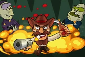 Tegneseriefigur med cowboyhat og overskæg, der holder en flaske og en stor pistol, omgivet af eksplosioner og zombie-agtige figurer