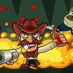 Tegneseriefigur med cowboyhat og overskæg, der holder en flaske og en stor pistol, omgivet af eksplosioner og zombie-agtige figurer