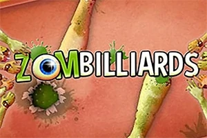 Titel Zombilliards med grønne, zombie-lignende arme omkring en øje-kugle på en brun baggrund