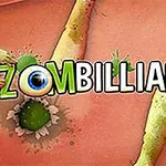Titel Zombilliards med grønne, zombie-lignende arme omkring en øje-kugle på en brun baggrund