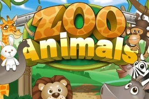 Tegneserie-dyr som giraf, abe, løve, zebra og kanin omgiver teksten Zoo Animals i et farverigt landskab