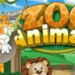 Tegneserie-dyr som giraf, abe, løve, zebra og kanin omgiver teksten Zoo Animals i et farverigt landskab
