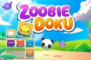 Tegning af farverige dyr og figurer i en naturkulisse med blå himmel og skyer, suppleret med teksten Zoobie Doku