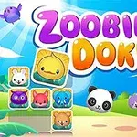 Tegning af farverige dyr og figurer i en naturkulisse med blå himmel og skyer, suppleret med teksten Zoobie Doku