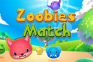 Tegnefilmfigurer af et lyserødt dyr, en blå elefant og flere farverige væsner i et landskab med træer og blå himmel, med teksten Zoobies Match i farverige bogstaver
