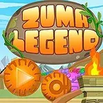 Illustration med farverige jungleelementer, store teksten ZUMA LEGEND og ildfakler på stenplatforme